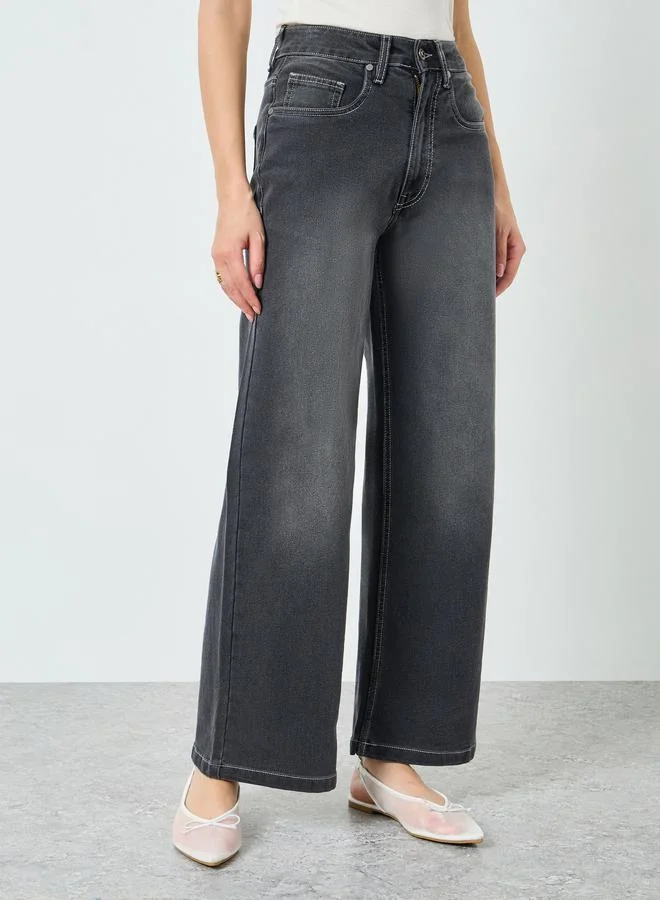 Women Grey Wide Leg Faded Jeans